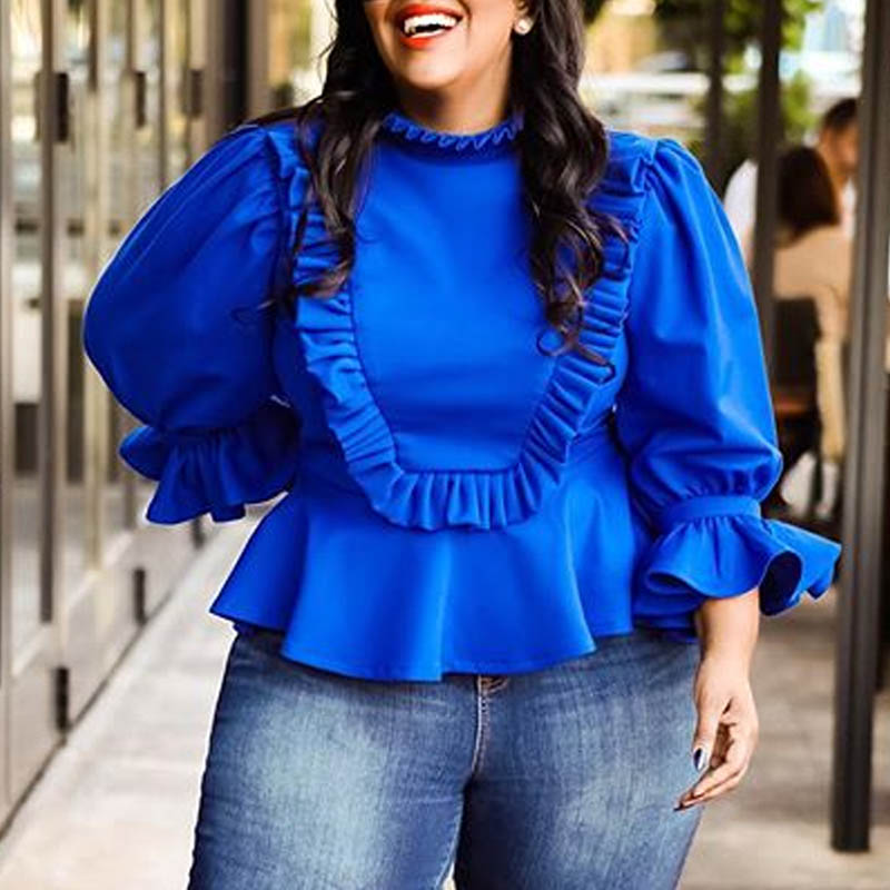 Lovely Trendy Flounce Patchwork Blue Plus Size Blouse
