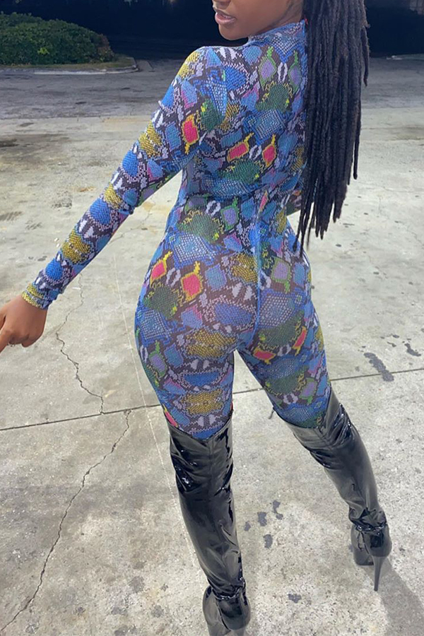 

Lovely Casual Printed Skinny Blue One-piece Jumpsuit
