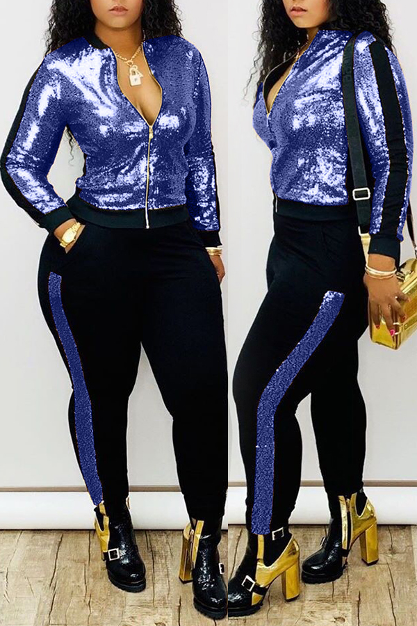 

Lovely Casual Patchwork Blue Two-piece Pants Set
