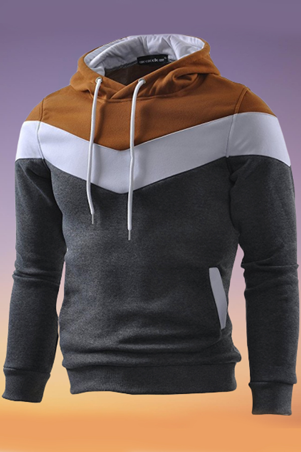 

Lovely Casual Hooded Collar Color-lump Patchwork Brown Hoodie