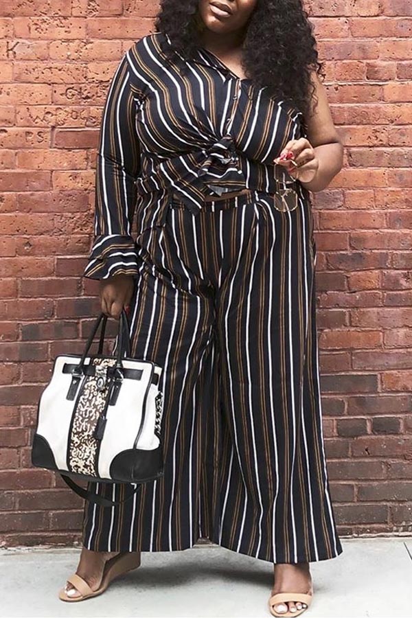

Lovely Casual Striped Loose Black Plus Size Two-piece Pants Set