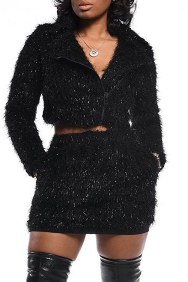 

Lovely Casual O Neck Black Two-piece Skirt Set