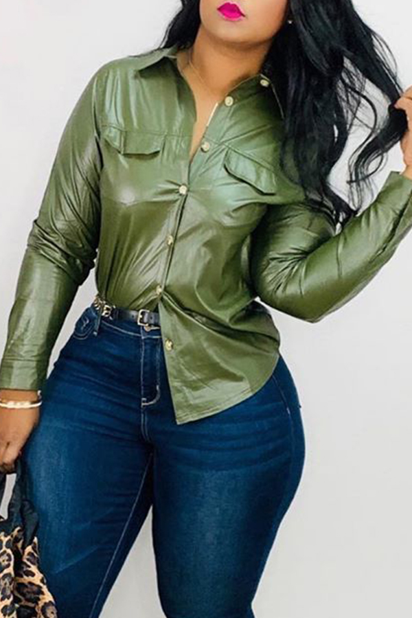 

Lovely Trendy Turndown Collar Buttons Design Army Green Shirt