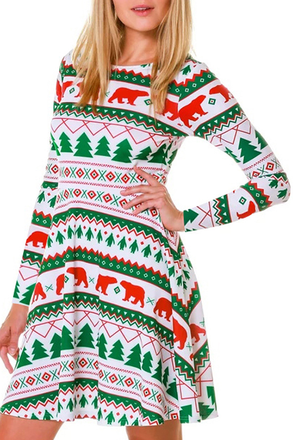 

Lovely Christmas Day Printed White Knee Length Dress