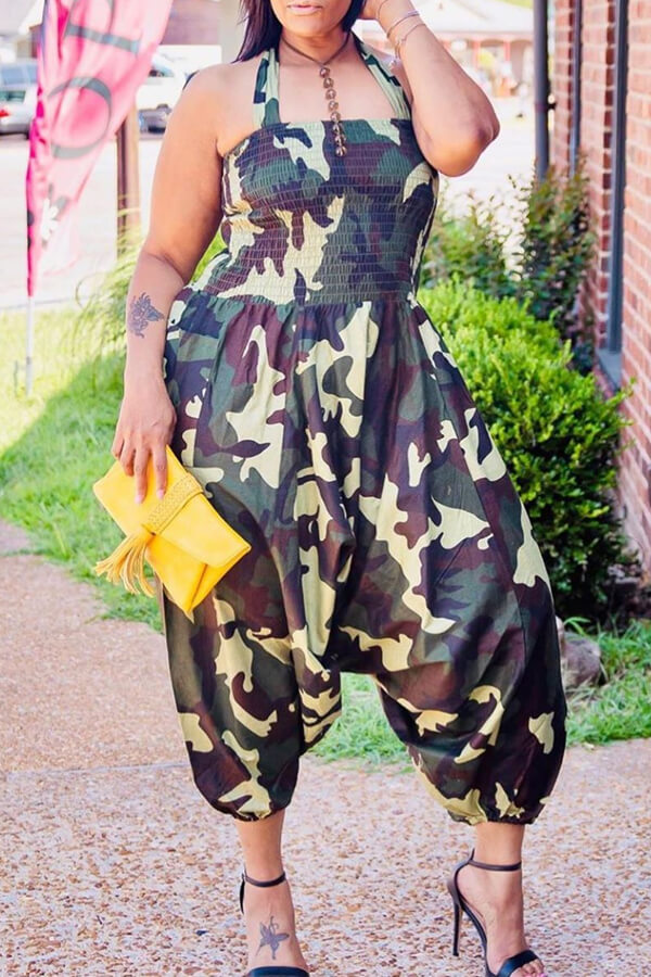 Cheap Plus Size Jumpsuit Lovely Casual Camouflage Printed Army Green P