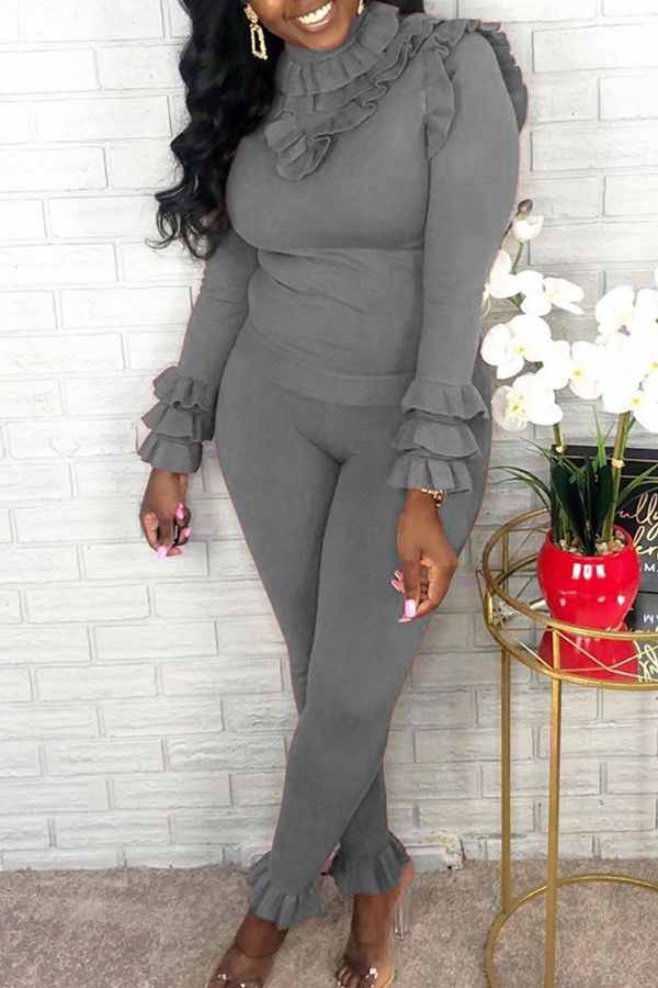Lovely Sweet Turtleneck Flounce Design Grey Two-piece Pants Set