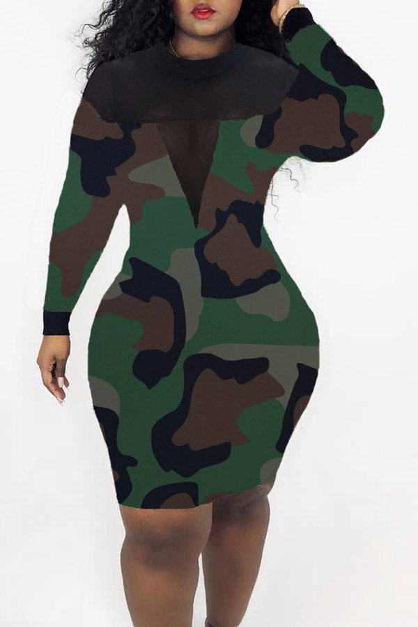 Cheap Dress Lovely Casual See-through Camouflage Printed Knee Length D