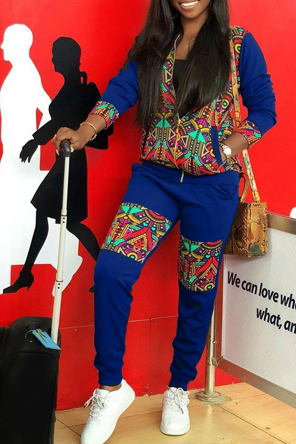 

Lovely Casual Patchwork Printed Blue Two-piece Pants Set