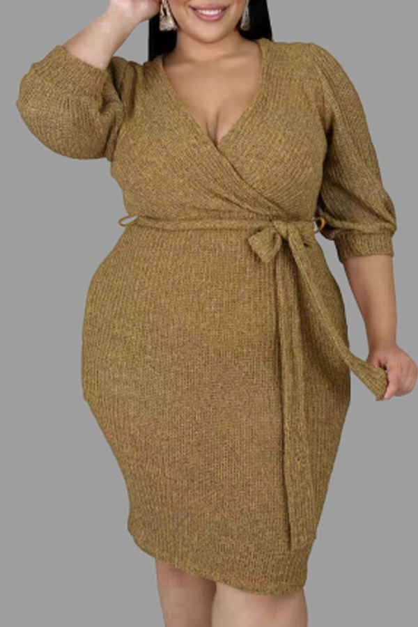 

Lovely Casual V Neck Lace-up Khaki Knee Length Plus Size Dress