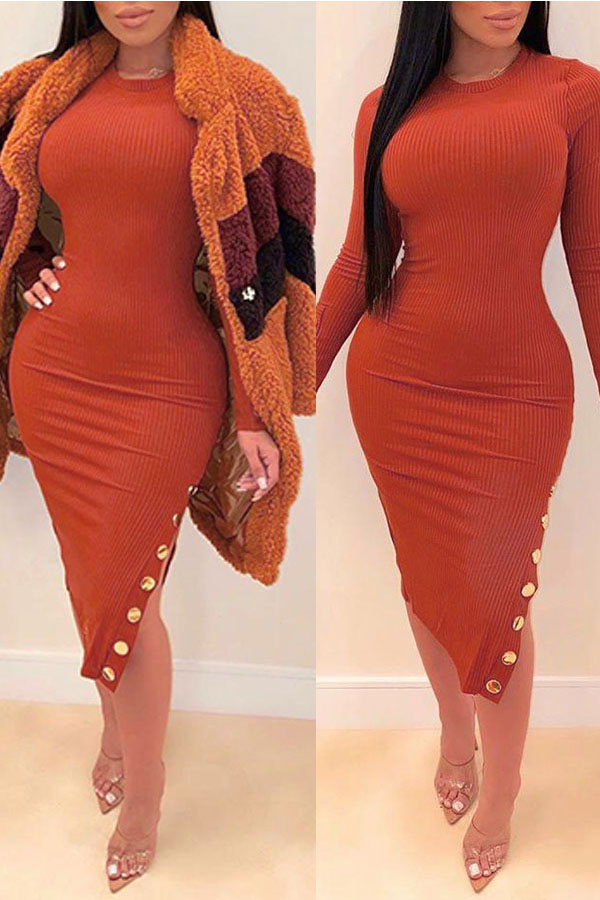 

Lovely Leisure Buttons Decorative Jacinth Knee Length Dress