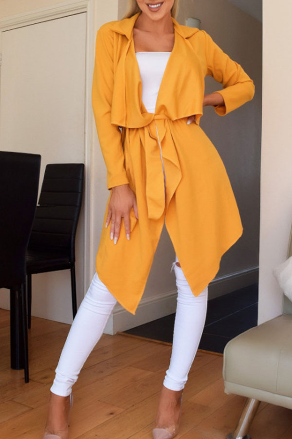 

Lovely Casual Lace-up Yellow Trench Coats