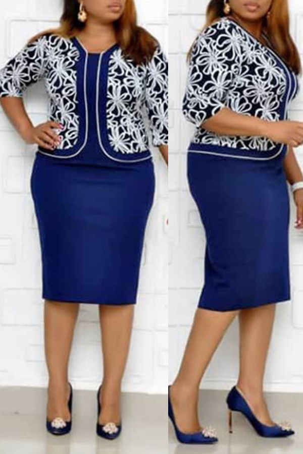

Lovely Casual U Neck Printed Blue Knee Length Plus Size Dress