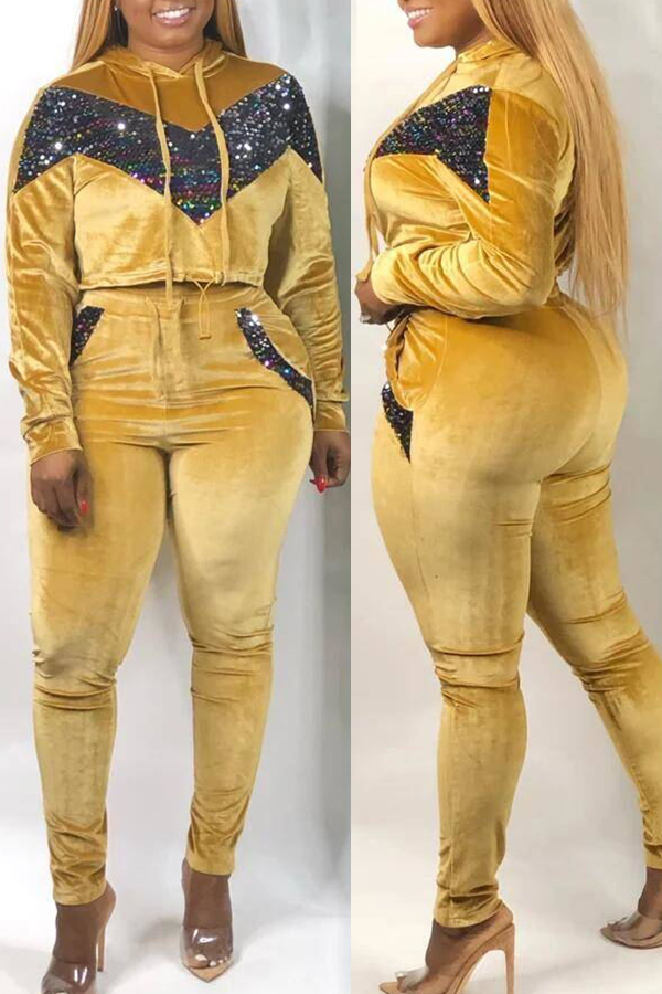 Lovely Casual Patchwork Yellow Plus Size Two-piece Pants Set