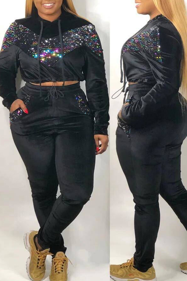 Cheap Plus Size Two Pieces Lovely Casual Patchwork Black Plus Size Two