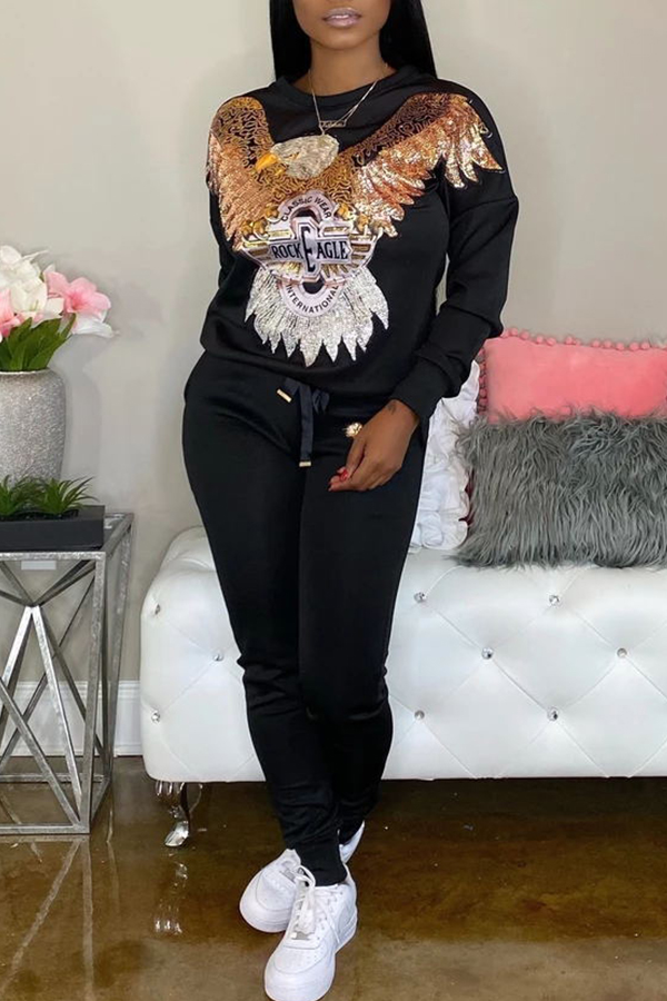 

Lovely Casual O Neck Patchwork Black Two-piece Pants Set