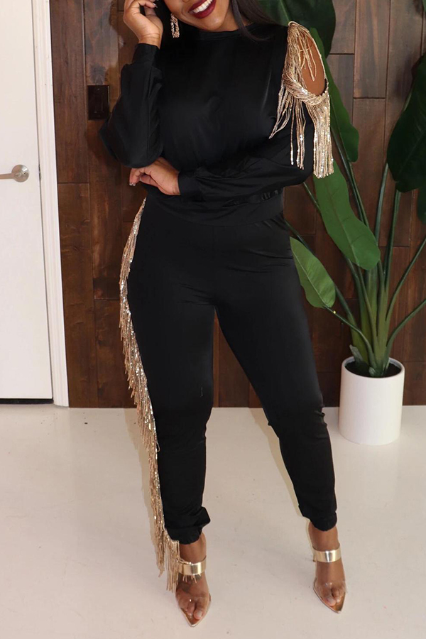 

Lovely Party Tassel Design Black Two-piece Pants Set