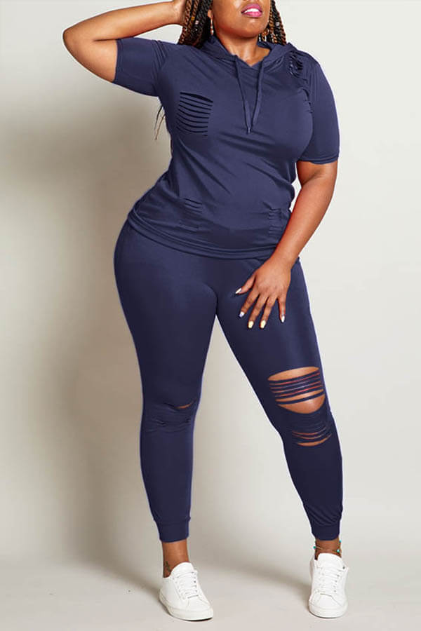 Casual Hollow-out Deep Blue Plus Size 