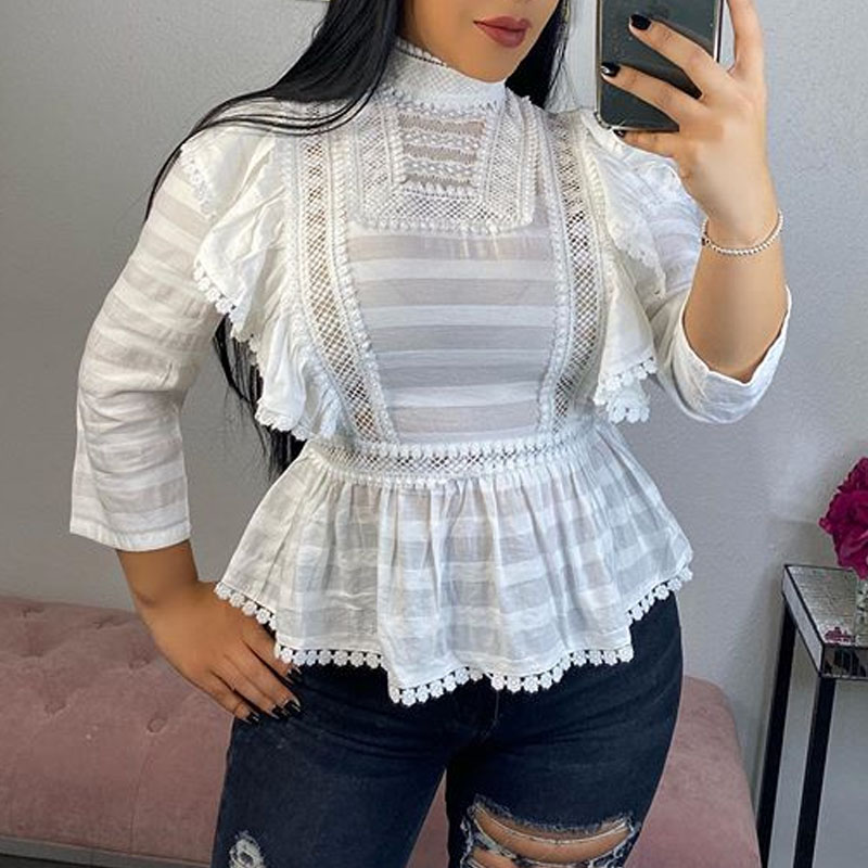

Lovely Trendy Flounce Patchwork White Blouse