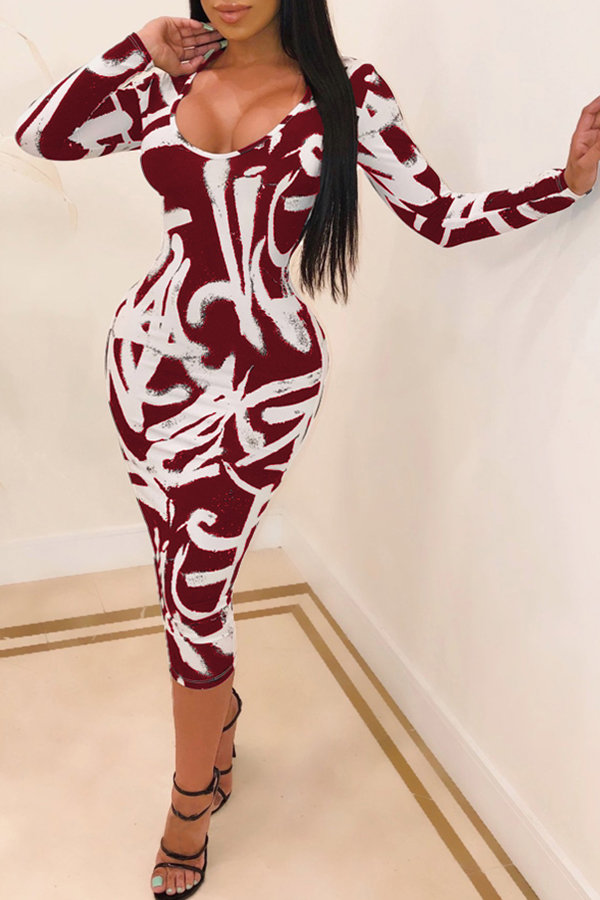 

Lovely Leisure U Neck Printed Skinny Red Mid Calf Dress
