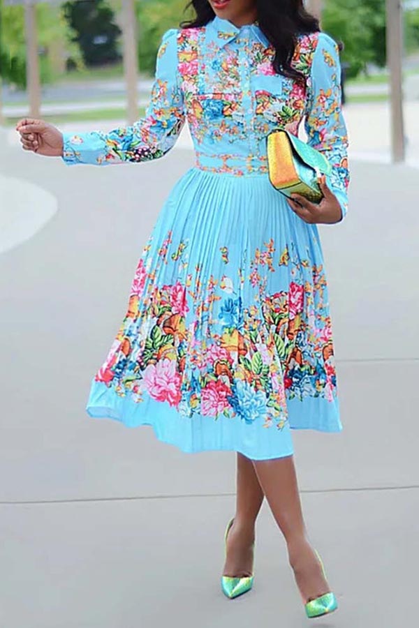 

Lovely Leisure Floral Printed Baby Blue Mid Calf Plus Size Dress