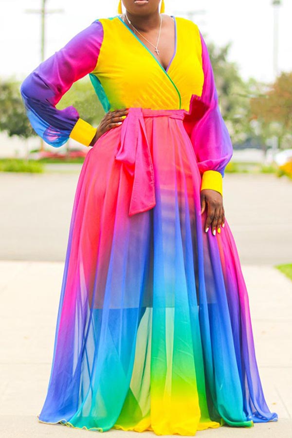 

Lovely Casual V Neck Patchwork Purple Floor Length Plus Size Dress