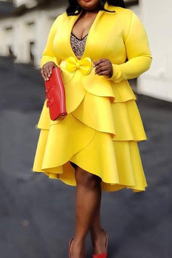 

Lovely Casual V Neck Flounce Design Yellow Knee Length Plus Size Dress