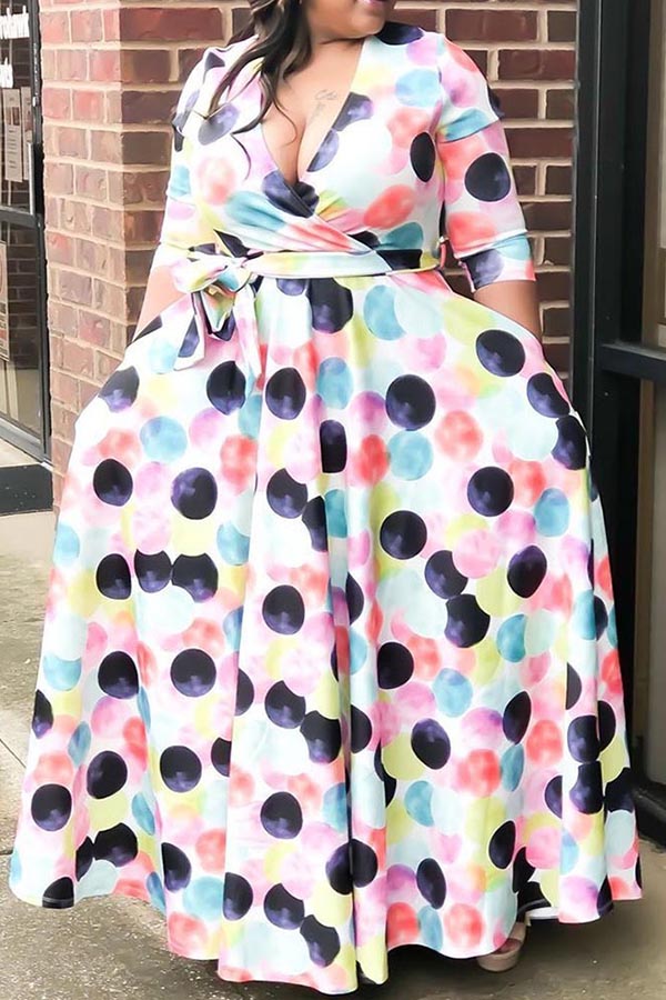 

Lovely Casual V Neck Dot Printed White Floor Length Plus Size Dress