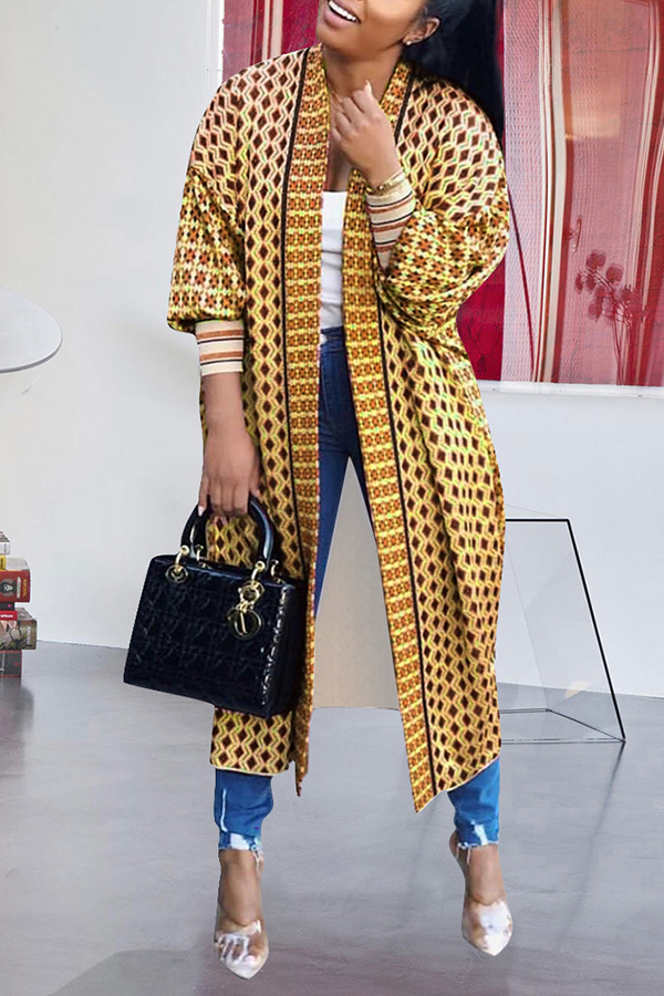 

Lovely Casual Printed Yellow Long Coat