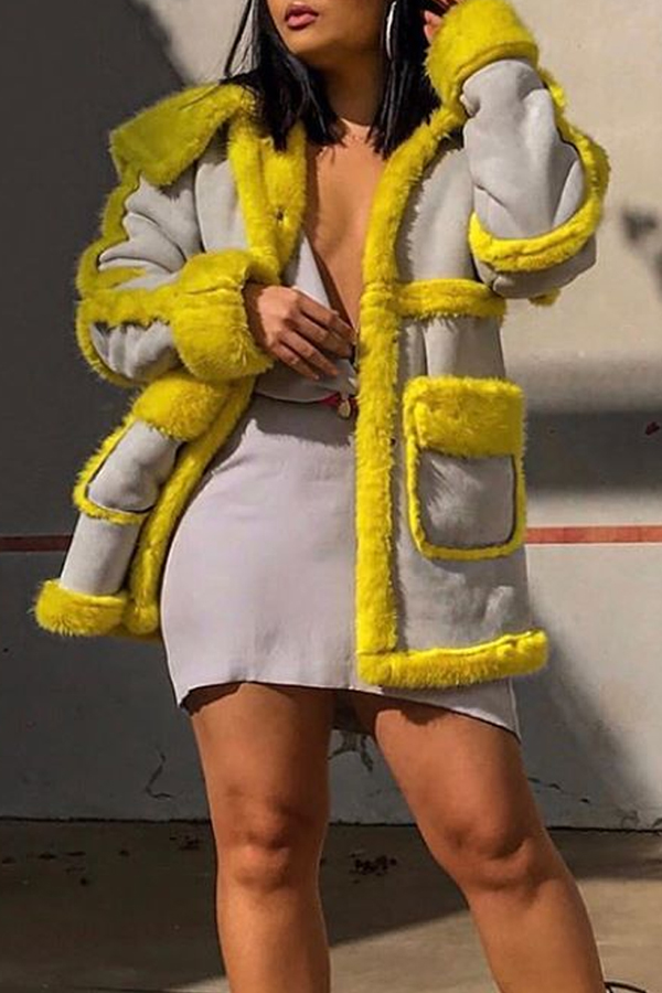 

Lovely Casual Patchwork Yellow Winter Coat