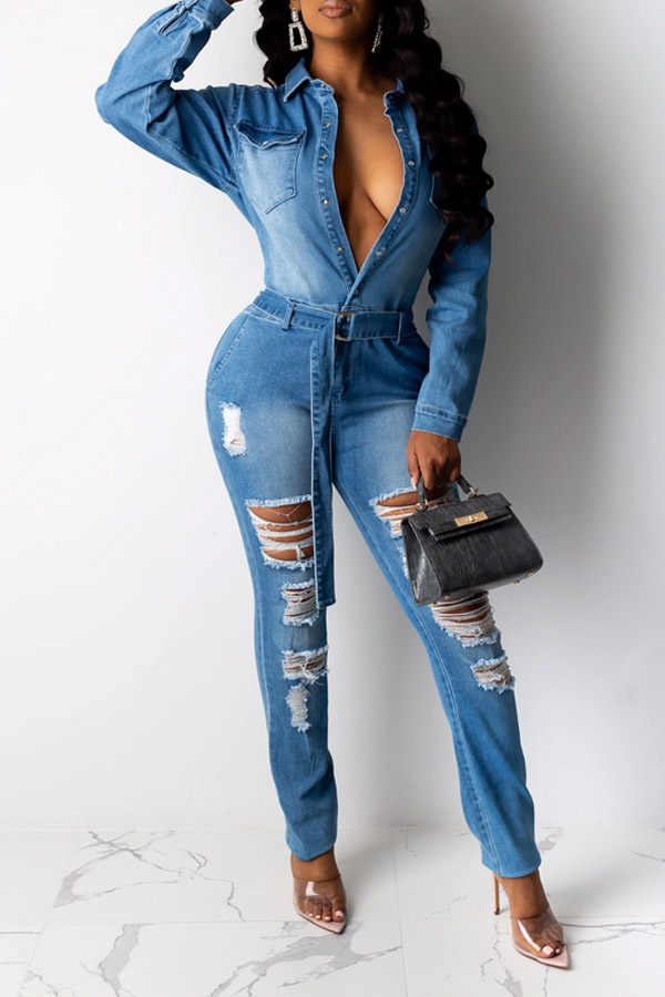 

Lovely Casual Hollow-out Blue One-piece Jumpsuit