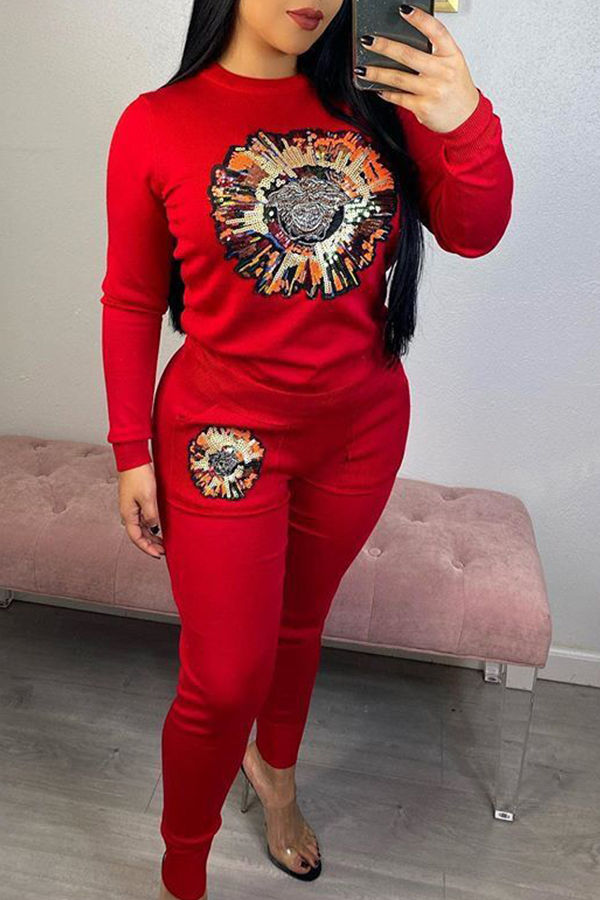 

Lovely Casual O Neck Printed Red Two-piece Pants Set