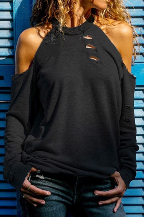 

Lovely Casual O Neck Dew Shoulder Black T-shirt