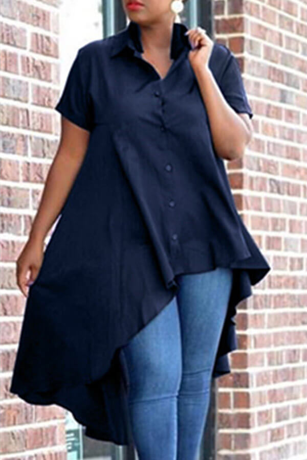

Lovely Casual Asymmetrical Deep Blue Blouse