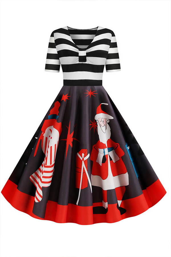 

Lovely Sweet V Neck Striped Printed Black Mid Calf Dress