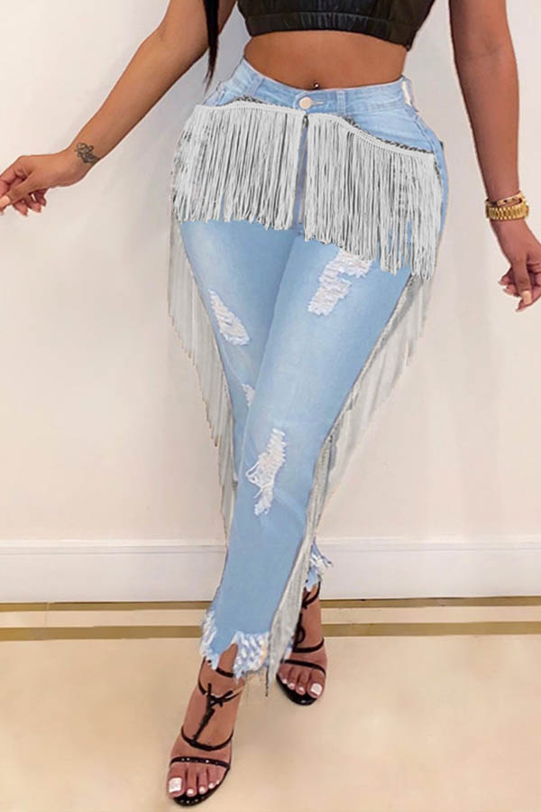 

Lovely Casual Tassel Design Baby Blue Jeans