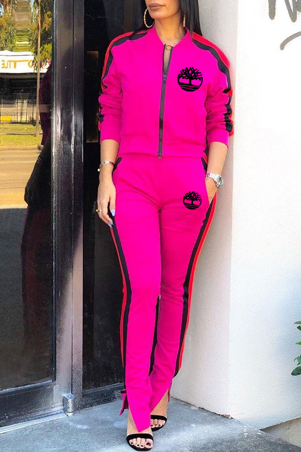 

Lovely Leisure Zipper Design Rose Red Two-piece Pants Set