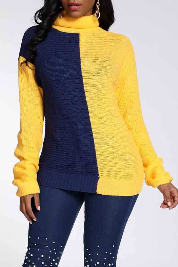 

Lovely Trendy Turtleneck Patchwork Yellow Sweater