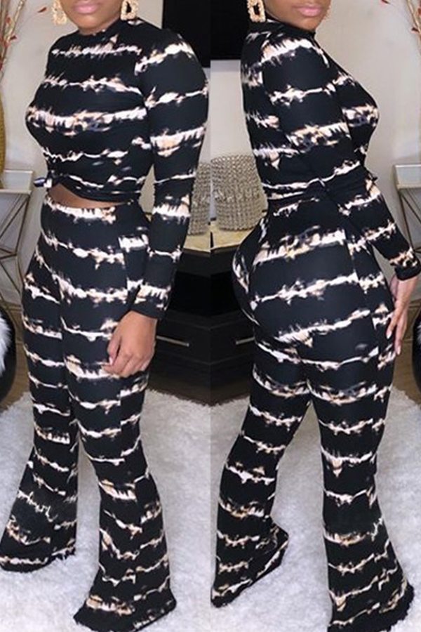 

Lovely Leisure O Neck Striped Black Two-piece Pants Set