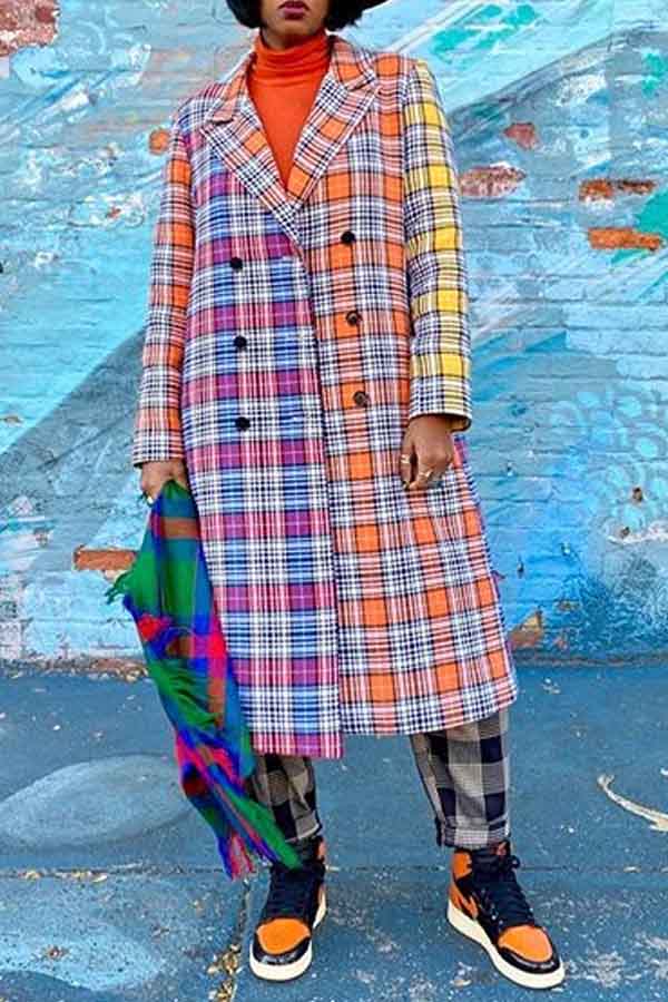 multicolor plaid trench coat