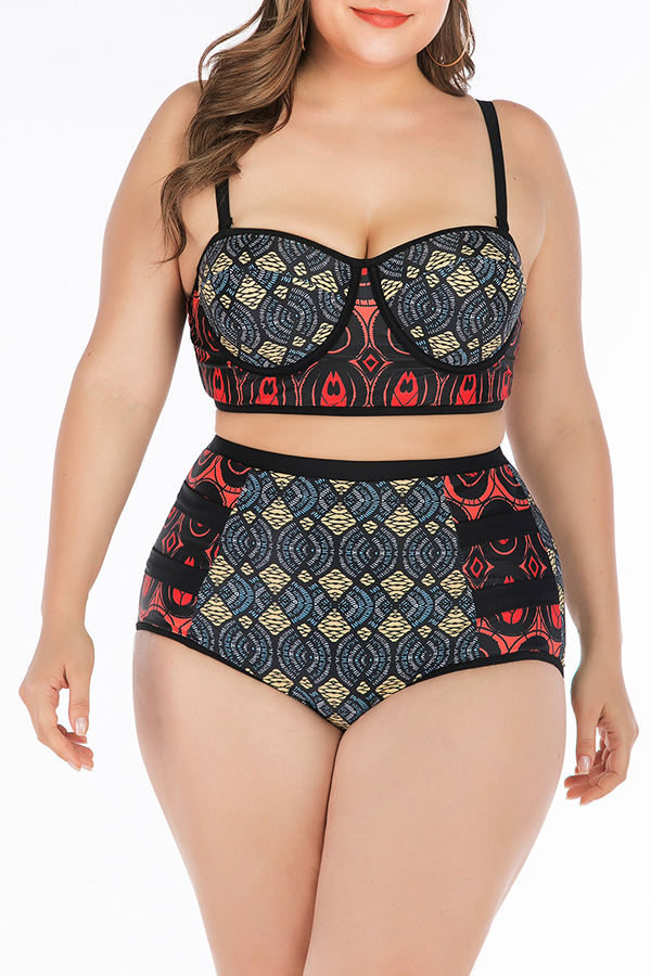 

Lovely Patchwork Red Plus Size Two-piece Swimwear