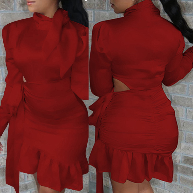 

Lovely Sweet Flounce Design Red Knee Length Dress, Wine red