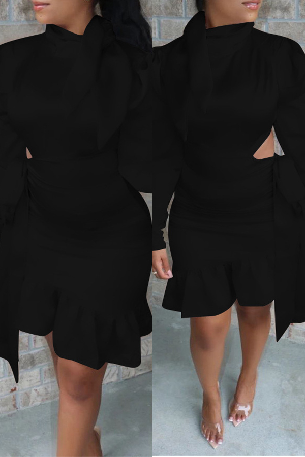 

Lovely Sweet Flounce Design Black Knee Length Dress
