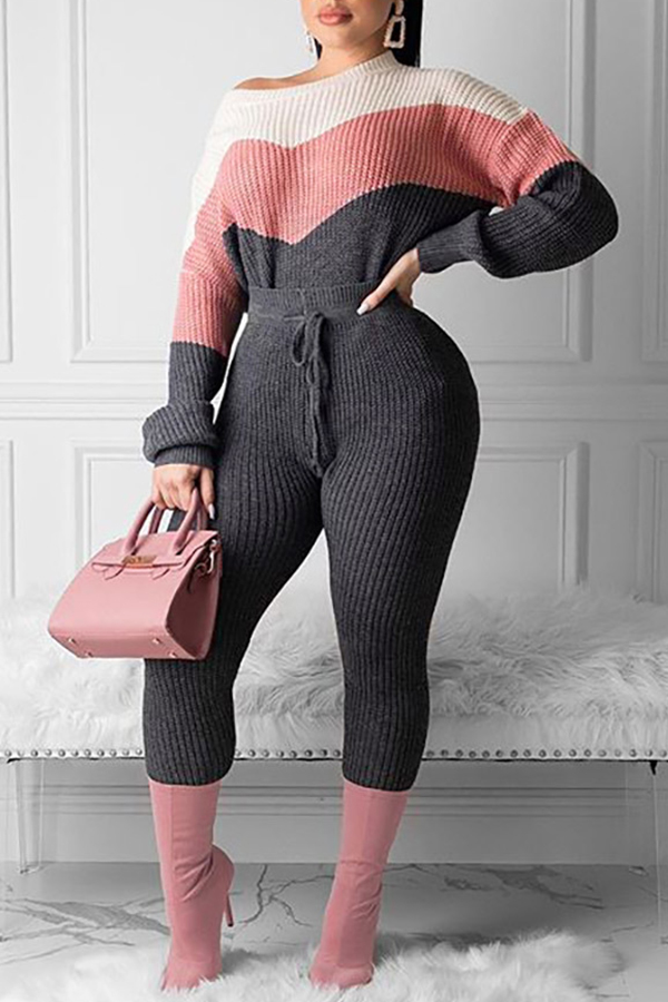 

Lovely Trendy Color-lump Patchwork Pink Two-piece Pants Set