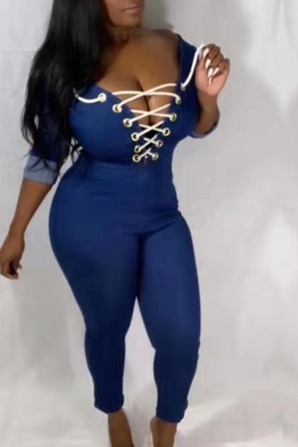 

Lovely Trendy Bandage Design Blue One-piece Jumpsuit