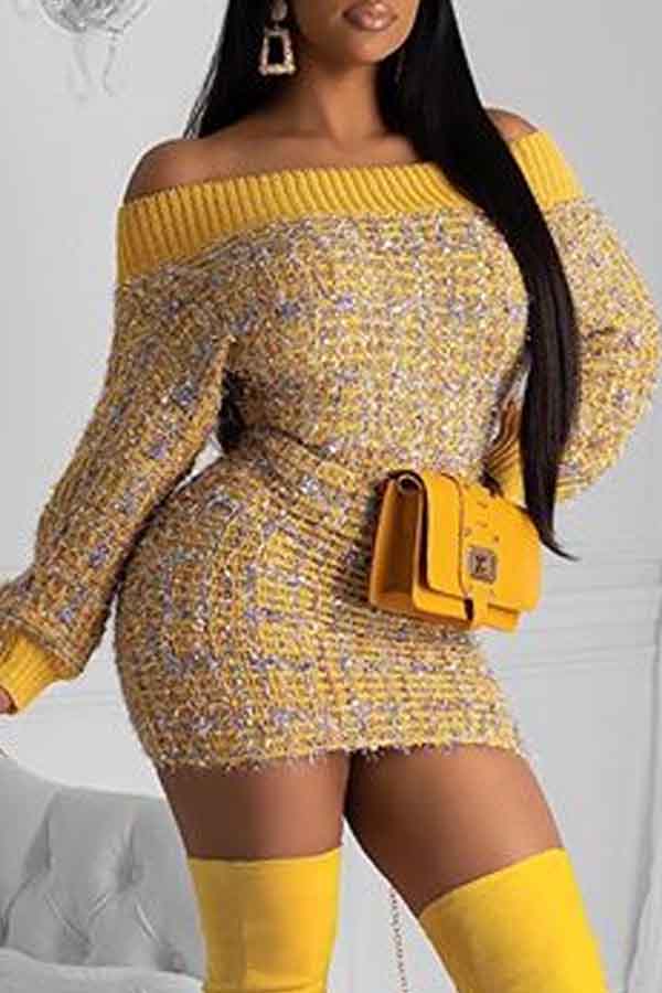 

Lovely Sweet Dew Shoulder Yellow Mini Dress