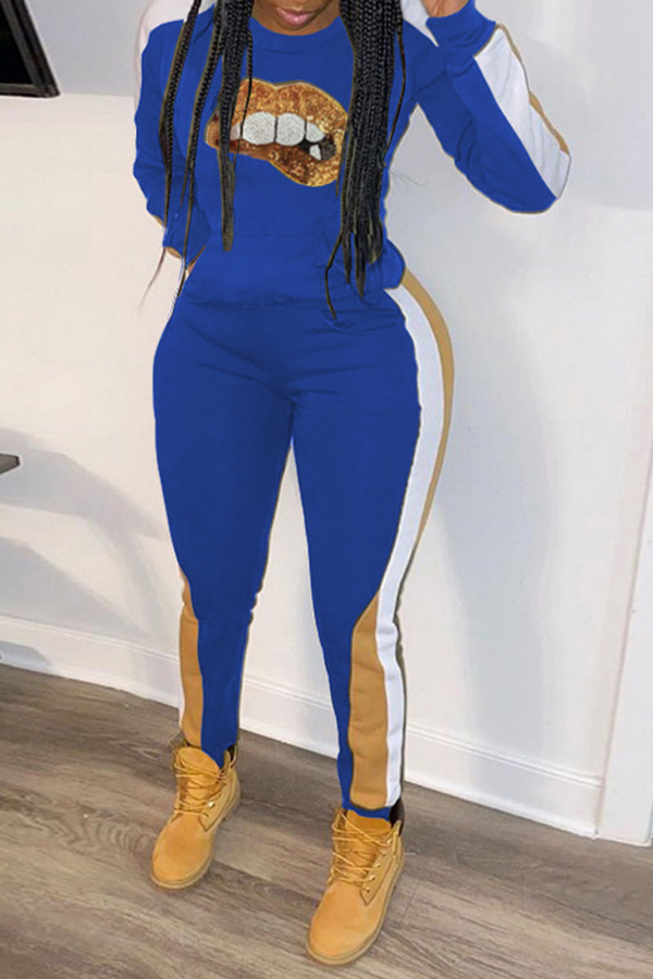 

Lovely Casual Lip Patchwork Blue Two-piece Pants Set
