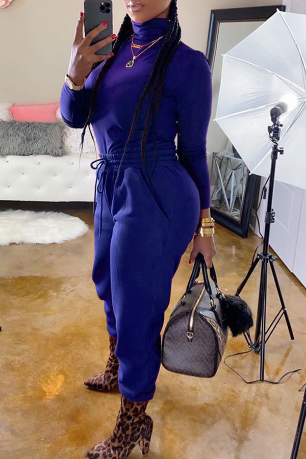 

Lovely Casual Turtleneck Drawstring Blue Two-piece Pants Set