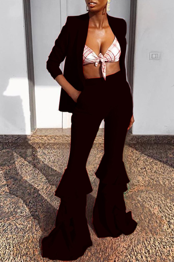 

Lovely Work Turn-back Collar Flounce Black Two-piece Pants Set
