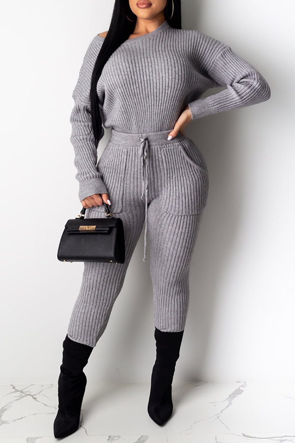 

Lovely Trendy O Neck Drawstring Grey Two-piece Pants Set