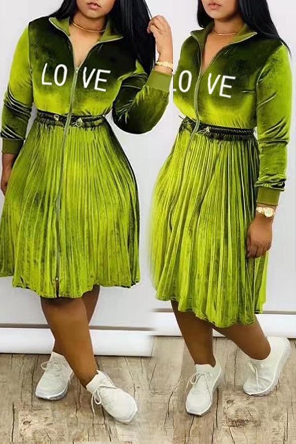 

Lovely Sweet Ruffle Design Green Mid Calf Dress